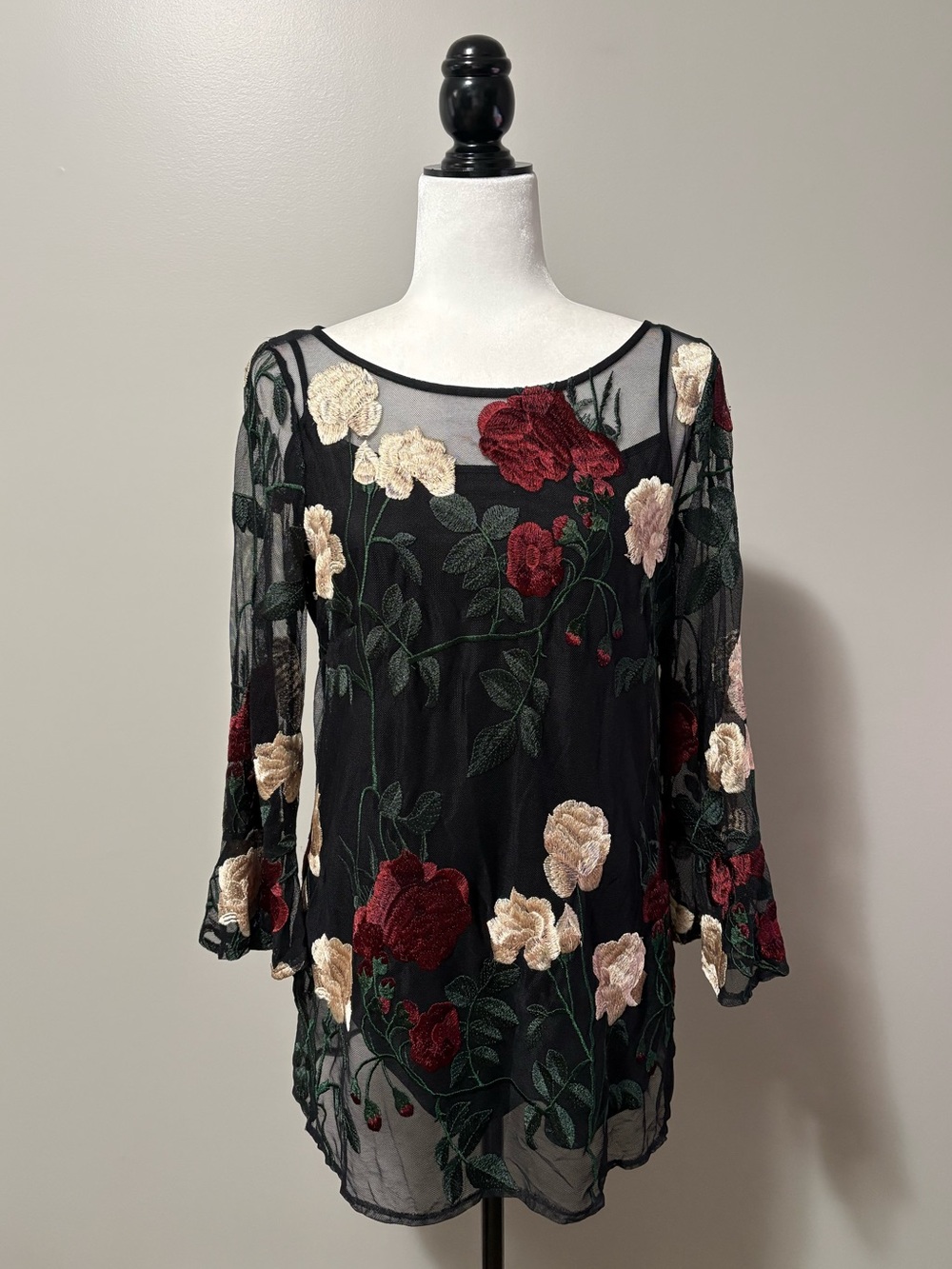 Long Tall Sally Sheer Mesh Embroidered Flower Bell Sleeve Blouse with Cami